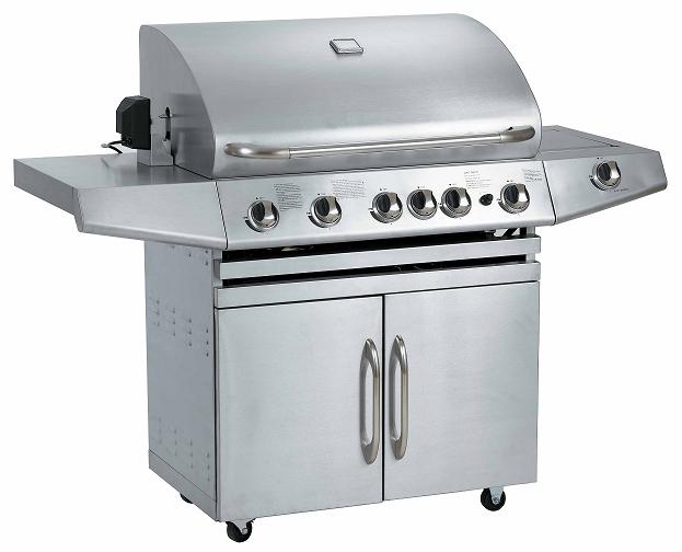Stainless Steel Five-burner Barbecue Gas Grill with Locking Casters and Thermometer  