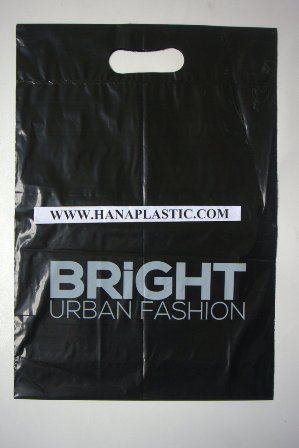 Type: Die cut plastic bag. Printed: 1color/2sides. Size: 48x38+10 cm. Thickness: 24 micron. Material: LDPE
