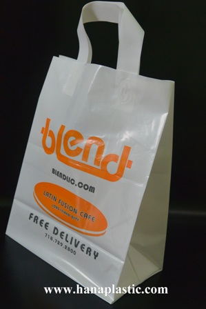 Type: Softloop handle plastic bag. Printed: 2colors/2sides. Size: 45+8x37 cm. Thickness: 26 micron. Material: LDPE