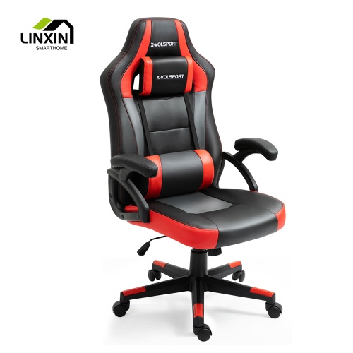 Modern Ergonomic PU Leather Black and Red Swivel Computer Home Gaming Guest Office Chairs with Headrest