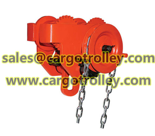 Geared traveling trolley application Plain trolleys price list  Geared traveling trolley also know as geared trolley for hoist, manual geared trolleys, capacity from 0.5 tons to 20 tons, can be OEM and ODM as demand.  Plain trolleys also called push trolley, hand plain trolleys for beam, capacity from 0.5 tons to 10 tons, and can be OEM or ODM as demand too.  Push trolley or geared trolley helps the worker maneuver easily on the most demanding lifting operations.  Plain trolleys and geared trolleys specially designed contoured wheels that ensure reliable tracking and the sealed ball bearings avoid maintenance and provide smooth operation.  Geared traveling trolley and plain trolleys are maintenance free, sealed precision ball bearings are lubed for life and offer smooth movement, with low friction and long life.  Geared trolley for hoist and plain trolleys are easily adjust trolley to fit a wide variety of beam flange widths.  Regarding geared traveling trolleys price list, geared trolley for hoist pictures, plain trolleys parameters, push trolleys applications, please kindly feel free contact with us. Professionally service hope will get your satisfaction.  Shan Dong Finer Lifting Tools co.,LTD   Skype: faithjiang888 Email: info@cargotrolley.com    Website: http://www.cargotrolley.com/