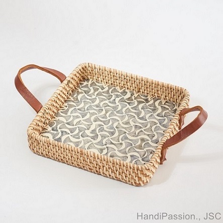 Square Rattan Handwoven Mosaic Tray with Cowhide Handle Wholesales Made in Vietnam HP - T006