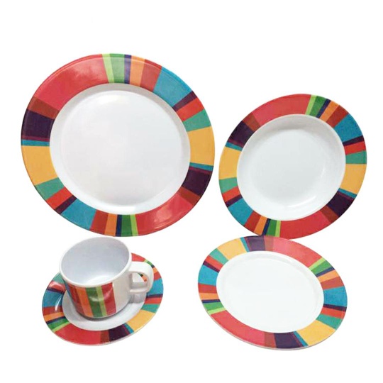 Wholesale color wheel print melamine plates 20 pcs round bowl rainbow dinner set with coffee cup