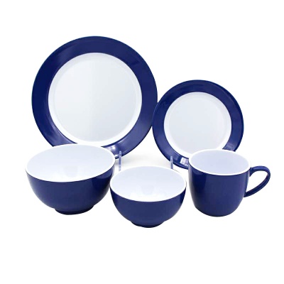 Good sales melamine tableware blue rim white plates soup bowl coffee cup melamine plastic dinner set