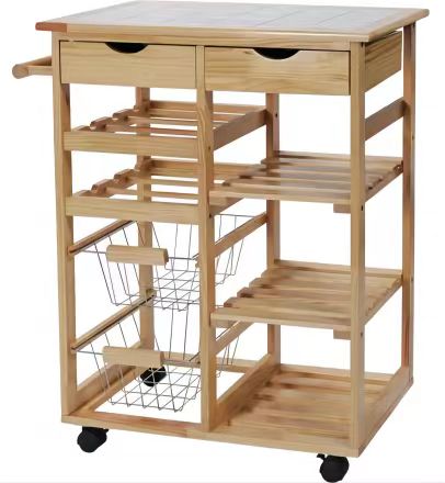 This pine kitchen storage trolley features shelves and two drawers for up to seven knives as well as a wine rack. It has a tile top to blend into your kitchen setting which is the perfect area for chopping up food. Mounted on castors with a handle for easy manoeuvrability.