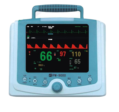 PM-9000A+ multi-parameter monitor can be widely used in the operation, first aid, ICU, CCU and various clinical care. It uses the original imported TFT LCD screen which own strong brightness and the true color. The interface of it is clear and intuitive, the volume of it is small, and the weight of it is light. It can be used in the bed of the patient and in the mobile environment such as field and ambulance both for adults and children. It can continuously monitor the patients ECG, heart rate,blood pressure (systolic, diastolic blood pressure and mean arterial pressure),oxygen saturation , respiration, temperature and other vital signs at the same time. The screen will show the ECG waveform, the blood oxygen waveform, the respiratory waveform, the measurement data of blood pressure, the measurement data of blood oxygen saturation, the heart beating rate, the respiratory rate, the temperature and other parameters at the same time. The ECG waveform and the blood oxygen waveform can be replayed. It also has the function to show the form and the tendency of the graphical so as to be convenient for doctor. (1)features:   1,most precise for using the world famous module 2,the waveform is most clear for it uses the 8.4 inch colorful LCD TEF which has the strong brightness and high resolution. 3,rotating shuttle operation, and the screen can be used in both english and Chinese ,therefore, it is easy to learn and operate. 4,it can show the ECG at the same time 5,the ECG waveform can be replayed every five minutes and the ST part can be checked by itself. 6,it can memorize the data and catches the mobile waveform 7,the limit for the alarm can be set by yourself, and alarming both in sound and light. 8, it can be used for adults, children, and new born baby. 9,it is anti-interference for electric knife 10,it is widely used in internal medicine, surgery, obstetrics and gynecology department, Pediatrics, first-aid, ICU,and CCU. (2) Its parameters: Size: 290mm*250mm*180mm Weight: 3.5kg Screen: 8.4 inch colorful liquid TFT LCD Resolution: 800*600 (3)ECG: The choose of lead: total lead, ,I , II , III ,aVF,aVR,aVL,V1--6 chest lead display (4)RESP: Breathing frequency: 0~60/minute Precision: +-1bpm Responding time:1s (5)NIBP: The way of waveform, double security protection  (6)SPO2 : Range: 0~100% Resolution: 1% The times of pulse: 20~250times/minute Responding time: 1s (7)TEMP: High sensitive thermistor probe Its range :33 Degrees Celsius-43 Degrees Celsius (8)Tendency diagram: Type: table/form Storage:48hours The interval between data: 60seconds (9)Power supply: Alternating current outside, Single AC power supply 220V,50HZ, Maximum current 1A (10)Remakes: Optional built-in battery, printer and remote controller Packing list ( standard type) Model:PM-9000multiparameter monitor for living features Specifications: ECG, Noninvasive blood pressure, blood oxygen, temperature, heart beat, breathing  Standard five lead ECG cable One pieces  Standard    adult blood pressure cuff One  pieces  Finger oximeter probe One set  Temperature probe One set  Power source wire One set  Ground wire         One set Chinese operation manual  One set