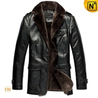 Mens Black Beaver Fur Lined Sheepskin Leather Coat CW833337