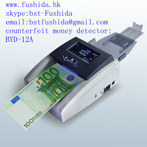 Multilateral Banknote detector model BYD-12A has a high authenticating technology to detect fake notes of US Bills, EURO notes, British Pounds, Japanese Yens and Hongkong Dollars. Its perfect performances are competent for requirements of detecting any suspected spots.