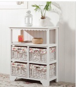 White indoor home decorative cabinet with wicker basket